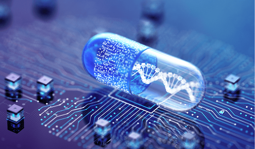 Digital pill with DNA on circuit board.